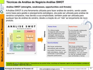 Técnicas de Análise de Negócio Análise SWOT
                                    Análise SWOT (strenghts, weaknesses, opportunities and threats)
                                    A Análise SWOT é uma ferramenta utilizada para fazer análise de cenário, sendo usado
                                    como base para gestão e planejamento estratégico, ela pode ser utilizada para análise de
                                    cenários complexos, mas devido a sua simplicidade, também pode ser utilizada para
                                    qualquer tipo de análise de cenário, desde a criação de um “site” ao lançamento de novo
Melhoria de Processo de Processo




                                    produto.

                                                                                                         Ponto Forte                         Ponto Fraco

                                                                                                         É a diferenciação                   É uma situação inadequada
                                                                                                         conseguida pela empresa             da empresa que lhe




                                                                                               Interno
                                                                                                         que lhe proporciona uma             proporciona uma
                                                                                                         vantagem operacional e              desvantagem operacional e
                                                                                                         competitiva no ambiente             competitiva no ambiente
                                                                                                         empresarial. É controlável.         empresarial.
                                                                                                                                             É controlável.

                                                                                                         Oportunidades                       Ameaças
                                                                                               Externo
                                                                                                         São forças ambientais               São forças ambientais
                                                                                                         controláveis pela empresa           incontroláveis pela empresa
                                                                                                                                             que criam obstáculos e/ou
                                                                                                         que podem favorecer a sua           dificuldades à sua ação
                                                                                                         ação estratégica, desde que         estratégica, mas que podem
                                                                                                         conhecidas e aproveitadas           ou não ser evitadas desde
                                                                                                         enquanto perdurarem.                que conhecidas a tempo.




                                     conselho de Sun Tzu (Arte da Guerra: “Concentre-se nos pontos fortes, reconheça as fraquezas, agarre as oportunidades e proteja-se
                                     contra as ameaças ” (SUN TZU, 500 a.C.)

                                   Formação de Analista de Processo v.8                                                         Todos os direitos reservados e protegidos © 2006 e 2009
                                                                                                                                                                                          32
                                                                                        rildo.santos@etecnologia.com.br
 