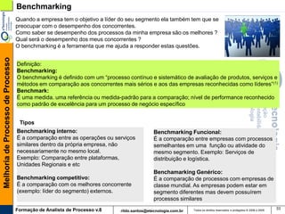 Benchmarking
                                   Quando a empresa tem o objetivo a líder do seu segmento ela também tem que se
                                   preocupar com o desempenho dos concorrentes.
                                   Como saber se desempenho dos processos da minha empresa são os melhores ?
                                   Qual será o desempenho dos meus concorrentes ?
                                   O benchmarking é a ferramenta que me ajuda a responder estas questões.
Melhoria de Processo de Processo




                                   Definição:
                                   Benchmarking:
                                   O benchmarking é definido com um “processo contínuo e sistemático de avaliação de produtos, serviços e
                                   métodos em comparação aos concorrentes mais sérios e aos das empresas reconhecidas como líderes”(1)
                                   Benchmark:
                                   É uma medida. uma referência ou medida-padrão para a comparação; nível de performance reconhecido
                                   como padrão de excelência para um processo de negócio específico


                                    Tipos
                                   Benchmarking interno:                                   Benchmarking Funcional:
                                   É a comparação entre as operações ou serviços           É a comparação entre empresas com processos
                                   similares dentro da própria empresa, não                semelhantes em uma função ou atividade do
                                   necessariamente no mesmo local.                         mesmo segmento. Exemplo: Serviços de
                                   Exemplo: Comparação entre plataformas,                  distribuição e logística.
                                   Unidades Regionais e etc
                                                                                           Benchamarking Genérico:
                                   Benchmarking competitivo:                               É a comparação de processos com empresas de
                                   É a comparação com os melhores concorrente              classe mundial. As empresas podem estar em
                                   (exemplo: líder do segmento) externos.                  segmento diferentes mas devem possuírem
                                                                                           processos similares
                                   Formação de Analista de Processo v.8                                      Todos os direitos reservados e protegidos © 2006 e 2009
                                                                                                                                                                       33
                                                                           rildo.santos@etecnologia.com.br
 