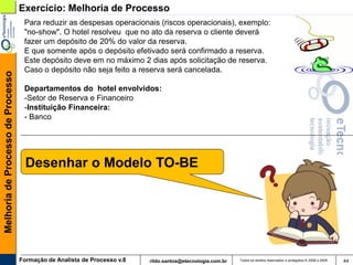 Exercício: Melhoria de Processo
                                    Para reduzir as despesas operacionais (riscos operacionais), exemplo:
                                    "no-show". O hotel resolveu que no ato da reserva o cliente deverá
                                    fazer um depósito de 20% do valor da reserva.
                                    E que somente após o depósito efetivado será confirmado a reserva.
                                    Este depósito deve em no máximo 2 dias após solicitação de reserva.
                                    Caso o depósito não seja feito a reserva será cancelada.
Melhoria de Processo de Processo




                                    Departamentos do hotel envolvidos:
                                    -Setor de Reserva e Financeiro
                                    -Instituição Financeira:
                                    - Banco




                                     Desenhar o Modelo TO-BE




                                   Formação de Analista de Processo v.8   rildo.santos@etecnologia.com.br   Todos os direitos reservados e protegidos © 2006 e 2009   44
 