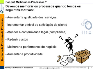Por quê Melhorar os Processos ?
                                   Devemos melhorar os processos quando temos os
                                   seguintes motivos:

                                   - Aumentar a qualidade dos serviços;
Melhoria de Processo de Processo




                                   - Incrementar o nível de satisfação do cliente

                                   - Atender a conformidade legal (compliance)

                                   - Reduzir custos

                                   - Melhorar a performance do negócio

                                   - Aumentar a produtividade



                                   Formação de Analista de Processo v.8   rildo.santos@etecnologia.com.br   Todos os direitos reservados e protegidos © 2006 e 2009   7
 