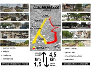 • CANTEIRO CENTRAL

• AVENIDA SANITÁRIA

•

• VIA DUPLICADA

CICLOVIA

• COMÉRCIOS

• INFRA-ESTRUTURA MÍNIMA

•

• ROTA AUXILIAR

GRANDE FLUXO
GRANDE OFERTA DE SERVIÇOS PÚBLICOS

CORREDOR ARTERIAL DE CIRCULAÇÃO

 