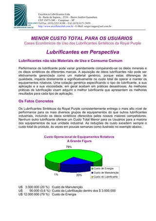 Excelência Lubrificantes Ltda.
             Av. Barão de Itapura, , 2310 – Bairro Jardim Guanabara
             CEP 13073-300 – Campinas – SP
             Tel/Fax: (019) 3213 8100 – Cel: (019) 8171 5059
             http://www.excellencelub.com.br - E-Mail: sergio.nagao@uol.com.br



        MENOR CUSTO TOTAL PARA OS USUÁRIOS
   Cases Econômicos do Uso dos Lubrificantes Sintéticos da Royal Purple

                    Lubrificantes em Perspectiva
Lubrificantes não são Materiais de Uso e Consumo Comum
Performance de lubrificante pode variar grandemente comparando-se os óleos minerais e
os óleos sintéticos de diferentes marcas. A aquisição de óleos lubrificantes não pode ser
efetivamente gerenciada como um material genérico, porque estas diferenças de
qualidade, impacta diretamente e significativamente no custo total de operar e manter os
equipamentos rotativos. Uma cotação genérica especificando o tipo do lubrificante, a sua
aplicação e a sua viscosidade, em geral acabam em práticas desastrosas. As melhores
práticas de lubrificação visam adquirir o melhor lubrificante que apresentem os melhores
resultados para cada tipo de aplicação.

Os Fatos Concretos
Os Lubrificantes Sintéticos da Royal Purple consistentemente entrega o mais alto nível de
performance para os mais diversos grupos de equipamentos do que outros lubrificantes
industriais, incluindo os óleos sintéticos oferecidos pelos nossos maiores competidores.
Nenhum outro lubrificante oferece um Custo Total Menor para os Usuários para a maioria
dos equipamentos de sua unidade industrial. As reduções de custo excedem sempre o
custo total do produto, às vezes em poucas semanas como ilustrado no exemplo abaixo.




U$ 3.000.000 (20 %) Custo de Manutenção
U$     90.000 (0,6 %) Custo da Lubrificação dentro dos $ 3.000.000
U$ 12.000.000 (79 %) Custo de Energia
 