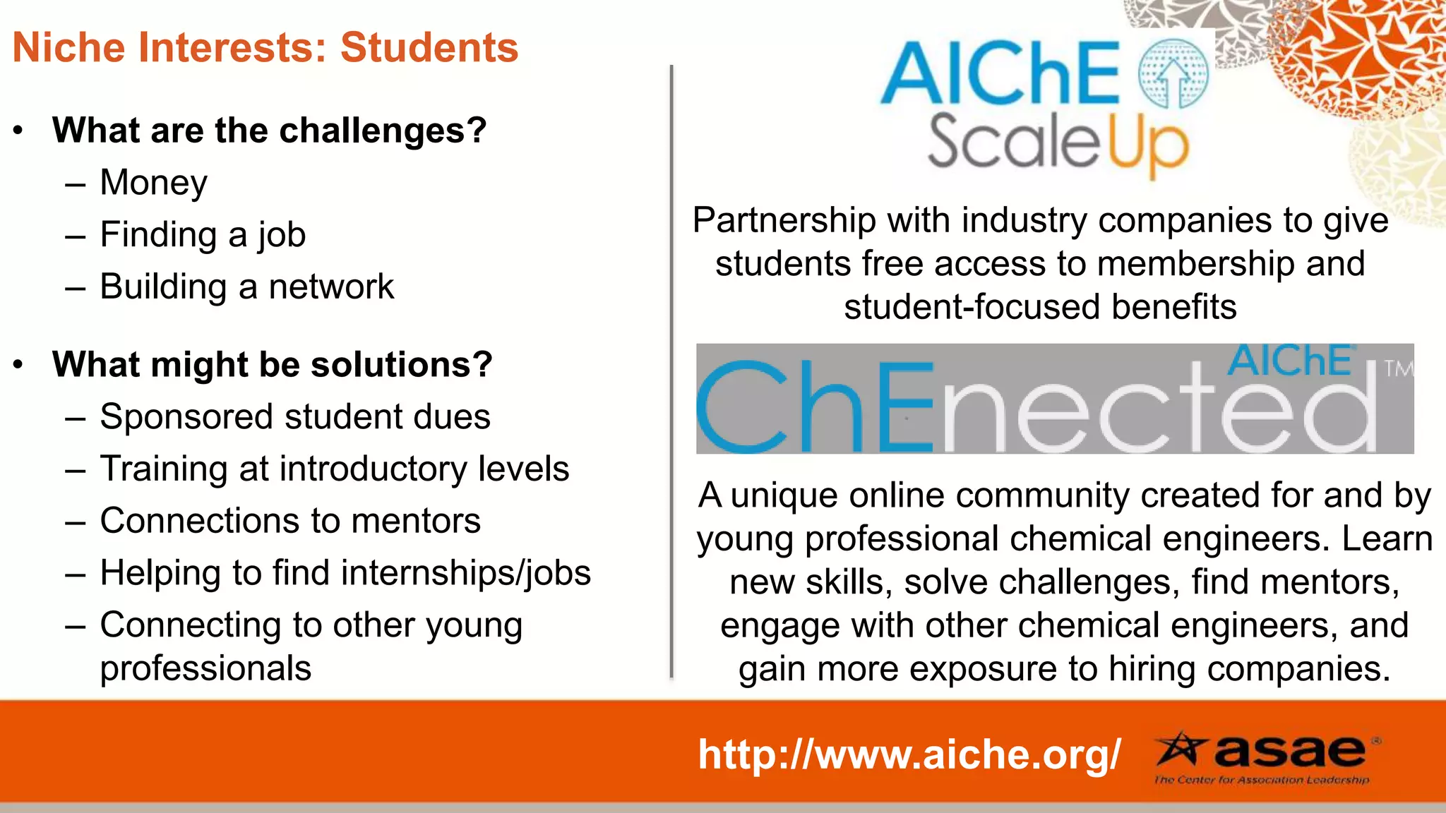Niche Interests: Students
• What are the challenges?
– Money
– Finding a job
– Building a network
• What might be solutions?
– Sponsored student dues
– Training at introductory levels
– Connections to mentors
– Helping to find internships/jobs
– Connecting to other young
professionals
http://www.aiche.org/
Partnership with industry companies to give
students free access to membership and
student-focused benefits
A unique online community created for and by
young professional chemical engineers. Learn
new skills, solve challenges, find mentors,
engage with other chemical engineers, and
gain more exposure to hiring companies.
 