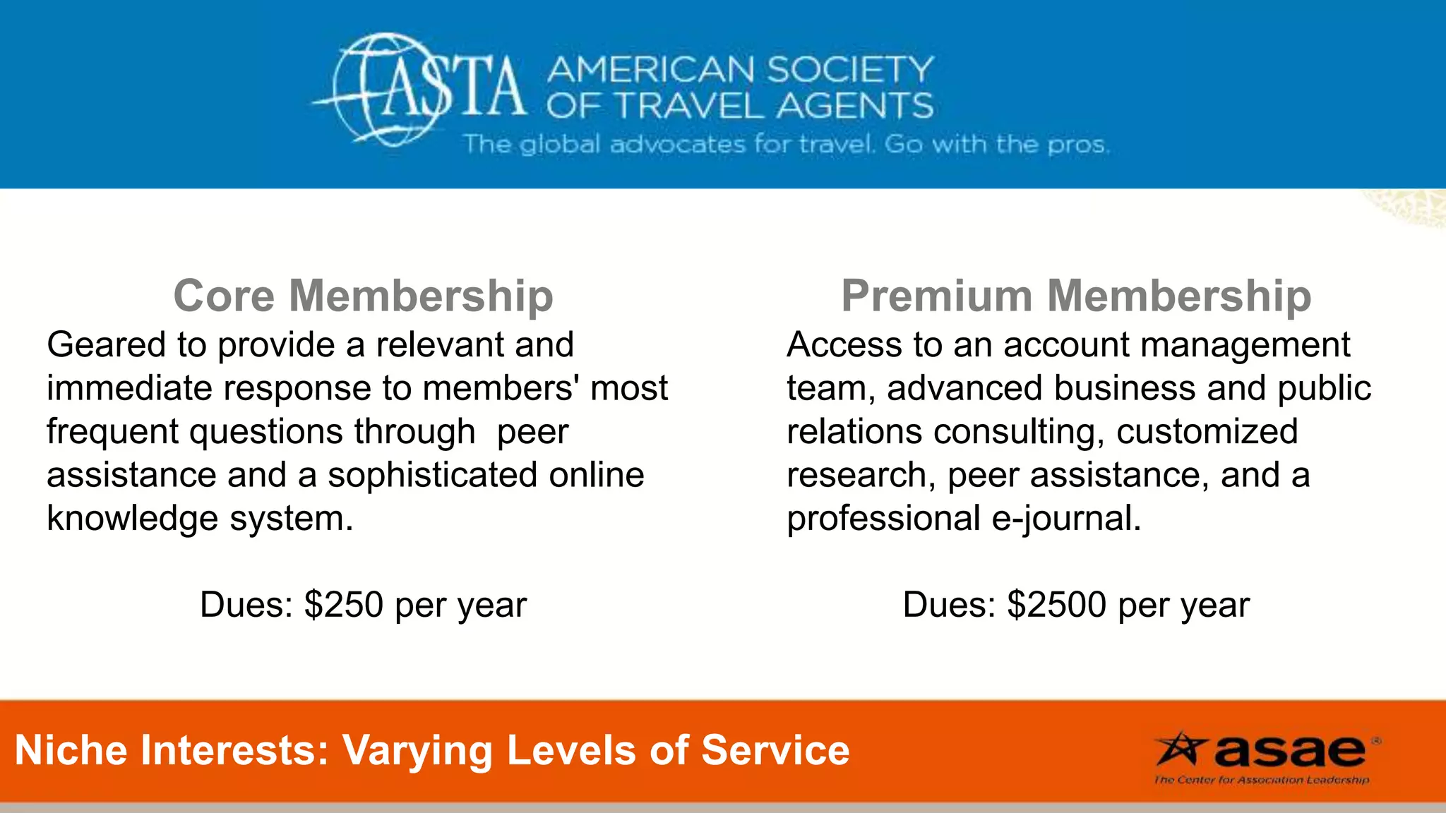 Core Membership
Geared to provide a relevant and
immediate response to members' most
frequent questions through peer
assistance and a sophisticated online
knowledge system.
Dues: $250 per year
Premium Membership
Access to an account management
team, advanced business and public
relations consulting, customized
research, peer assistance, and a
professional e-journal.
Dues: $2500 per year
Niche Interests: Varying Levels of Service
 