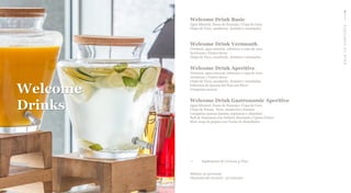 Welcome
Drinks
BACKTOCONTENTS
Welcome Drink Basic
Agua Mineral, Zumo de Naranja y Copa de Cava
Chips de Yuca, zanahoria , boniato y remolacha
Welcome Drink Vermouth
Vermout, agua mineral, refrescos y copa de cava
Aceitunas y Frutos Secos
Chips de Yuca, zanahoria , boniato y remolacha
Welcome Drink Aperitive
Vermout, agua mineral, refrescos y copa de cava
Aceitunas y Frutos Secos
Chips de Yuca, zanahoria , boniato y remolacha
Selección de Quesos del País con Picos
Croquetas caseras
Welcome Drink Gastronomic Aperitive
Agua Mineral, Zumo de Naranja y Copa de Cava
Chips de Patata, Yuca, zanahoria y boniato
Croquetas caseras (jamón, espinacas y chipirón)
Roll de Espinacas con Salmón Ahumado y Queso Fresco
Mini wrap de pepino con Tartar de Remolacha
Mínimo 20 personas
Duración del servicio : 30 minutos
> Suplemento de Cerveza y Vino
 