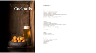 BACKTOCONTENTS
Cocktail B
Frío
Poke de Quinoa, Salmón y Caballa
Latitas de Boquerones en Vinagre
Bocatines Variados de Ibéricos
Roll de Espinacas con Salmón Ahumado y Queso Fresco
Trigueros con Salmorejo
Bocatines de Pan de Lino con pavo y Rúcula
Crema de Calabaza (caliente o fría)
Caliente
Croquetas Caseras
Brocheta de Cerdo con verduras
Bacalao en tempura de Chipirón con Coulis de piquillos
Wrap de Pollo con Verduras
Chipirones Plancha con su “ajimoji”
Bocaditos de Merluza con salsa Tártara
Arroz negro
Dulce
Pastelería Francesa
Brochetas de fruta natural
Bebidas
Vino Blanco Nuviana Chardonnay
Vino Tinto El Aviador
Agua Mineral
Cerveza
Refrescos
Cocktails
 