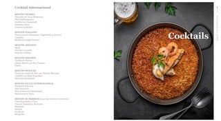 BACKTOCONTENTS
Cocktail Internacional
RINCÓN TEXMEX
Selección de Tacos Mexicanos
Mini hamburguesas
Nachos con Guacamole
Ensalada César
Ensalada Coleslaw
RINCÓN ITALIANO
Pizzas Caseras (Margarita, Napolitana, 4 Quesos)
Capeletis
Risotto de Funghi Porcini
RINCÓN ASIÁTICO
Sushi
Noodles con pollo
Wok de verduras
RINCÓN ESPAÑOL
Tortilla de Patatas
Jamón Ibérico con Pan Tumaca
Paella
RINCÓN FRANCÉS
Tostas de Jamón de Pato con Puré de Manzana
Crudités con Salsa Roquefort
Selección de Quiches
RINCÓN DULCE INTERNACIONAL
Pastelería Francesa
Mini Brownies
Mini Gofres con Mermeladas
Macedonia de Fruta
RINCON DE BEBIDAS (open bar durante el servicio)
Vinos Españoles y Cava
Cerveza Española y Mexicana
Refrescos
Mojitos
Kir Royal
Margarita
Cocktails
 