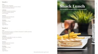 BACKTOCONTENTS
Duración del servicio 45-60 m)|
Snack Lunch
Para pequeños grupos (de 8 a 20 personas)
Snack 1
Frío
Ensalada César individual
Bocatín de Pavo y Rúcula en pan de centeno
Tabla de Embutidos Ibéricos
Caliente
Brochetas de pollo con verduras
Croquetas de jamón Ibérico
Arroz a banda
Postres
Macedonia de Fruta Natural
Pastelería Francesa
Bebidas
Vino Blanco y Tinto
Cerveza
Refrescos
Agua Mineral
Snack 2
Frío
Poke individual de Quinoa con Salmón Ahumado & Caballa marinada
Bocatín de Jamón Ibérico
Tabla de Quesos D.O.
Caliente
Brocheta de solomillo de Cerdo con verduritas
Queso Brie Empanado
Arroz negro
Postres
Macedonia de Fruta natural
Pastelería francesa
Bebidas
Vino Blanco y Tinto
Cerveza
Refrescos
Agua Mineral
 