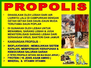 •   DIHASILKAN OLEH LEBAH DARI AIR
    LIURNYA LALU DI CAMPURKAN DENGAN
    GETAH GETAH DAN DAUN–DAUN MUDA
    TERUTAMA DAUN POPLAR
•   DI GUNAKAN OLEH LEBAH UNTUK
    MENAMBAL SARANG LEBAH & JUGA
    MENSTERILISASI SARANG LEBAH DARI
    SERANGAN VIRUS, BAKTERI DAN JAMUR
•   KANDUNGAN PROPOLIS :
   BIOFLAVONOIDS : MEMULIHKAN SISTEM
    KAPILARI, MEMPERBAIKI KERAPUHAN &
    KEBOCORAN SALURAN DARAH
    (1 TETES PROPOLIS SETARA 500 BIJI BUAH JERUK )
   PROTEIN ( 16 JENIS ASAM AMINO )
   MINERAL & VITAMIN VITAMIN
 