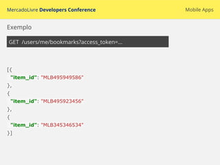 MercadoLivre Developers Conference Mobile Apps
GET /users/me/bookmarks?access_token=...
Exemplo
[{
"item_id": "MLB495949586"
},
{
"item_id": "MLB495923456"
},
{
"item_id": "MLB345346534"
}]
 