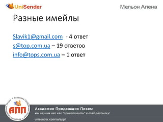 Разные имейлы
Slavik1@gmail.com - 4 ответ
s@top.com.ua – 19 ответов
info@tops.com.ua – 1 ответ
 