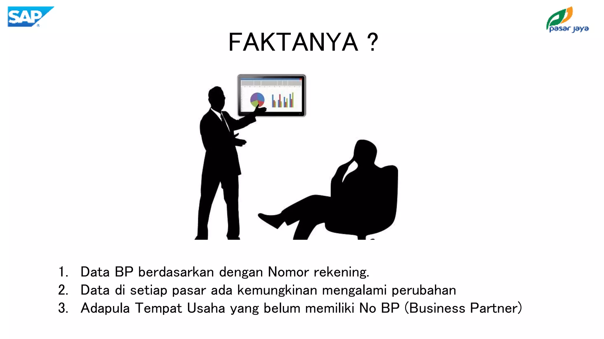 FAKTANYA ?
1. Data BP berdasarkan dengan Nomor rekening.
2. Data di setiap pasar ada kemungkinan mengalami perubahan
3. Adapula Tempat Usaha yang belum memiliki No BP (Business Partner)