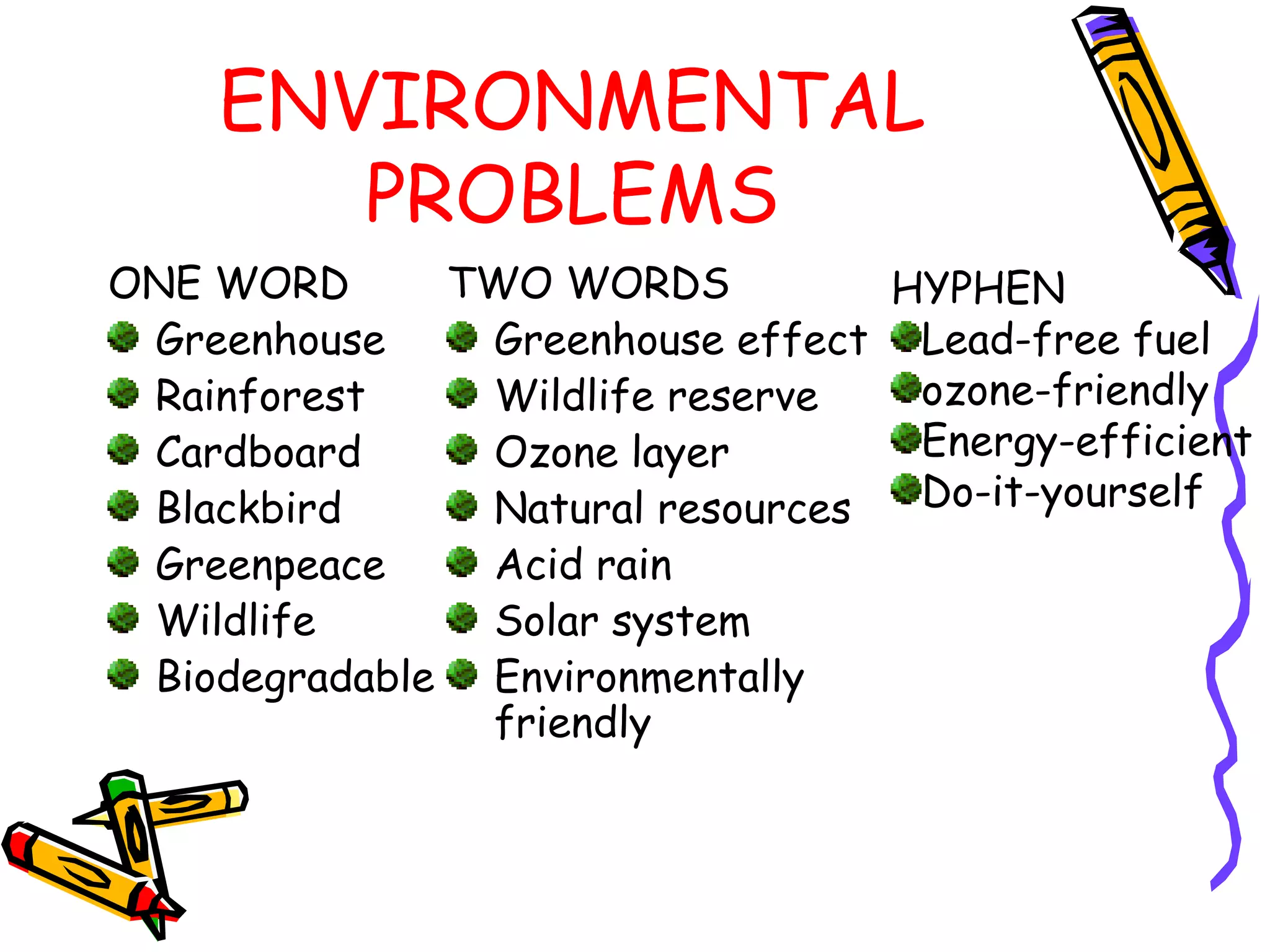 ENVIRONMENTAL
PROBLEMS
ONE WORD
Greenhouse
Rainforest
Cardboard
Blackbird
Greenpeace
Wildlife
Biodegradable
TWO WORDS
Greenhouse effect
Wildlife reserve
Ozone layer
Natural resources
Acid rain
Solar system
Environmentally
friendly
HYPHEN
Lead-free fuel
ozone-friendly
Energy-efficient
Do-it-yourself
 