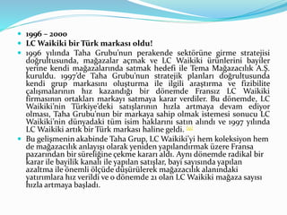  1996 – 2000 
 LC Waikiki bir Türk markası oldu! 
 1996 yılında Taha Grubu’nun perakende sektörüne girme stratejisi 
doğrultusunda, mağazalar açmak ve LC Waikiki ürünlerini bayiler 
yerine kendi mağazalarında satmak hedefi ile Tema Mağazacılık A.Ş. 
kuruldu. 1997’de Taha Grubu’nun stratejik planları doğrultusunda 
kendi grup markasını oluşturma ile ilgili araştırma ve fizibilite 
çalışmalarının hız kazandığı bir dönemde Fransız LC Waikiki 
firmasının ortakları markayı satmaya karar verdiler. Bu dönemde, LC 
Waikiki’nin Türkiye’deki satışlarının hızla artmaya devam ediyor 
olması, Taha Grubu’nun bir markaya sahip olmak istemesi sonucu LC 
Waikiki’nin dünyadaki tüm isim haklarını satın alındı ve 1997 yılında 
LCWaikiki artık bir Türk markası haline geldi. [9] 
 Bu gelişmenin akabinde Taha Grup, LC Waikiki’yi hem koleksiyon hem 
de mağazacılık anlayışı olarak yeniden yapılandırmak üzere Fransa 
pazarından bir süreliğine çekme kararı aldı. Aynı dönemde radikal bir 
karar ile bayilik kanalı ile yapılan satışlar, bayi sayısında yapılan 
azaltma ile önemli ölçüde düşürülerek mağazacılık alanındaki 
yatırımlara hız verildi ve o dönemde 21 olan LC Waikiki mağaza sayısı 
hızla artmaya başladı. 
 