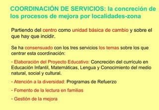COORDINACIÓN DE SERVICIOS: la concreción de los procesos de mejora por localidades-zona   Partiendo del  centro  como  unidad básica de cambio  y sobre el que hay que incidir.  Se ha  consensuado  con los tres servicios  los temas  sobre los que centrar esta coordinación: Elaboración del Proyecto Educativo:  Concreción del currículo en Educación Infantil, Matemáticas, Lengua y Conocimiento del medio natural, social y cultural. Atención a la diversidad:  Programas de Refuerzo Fomento de la lectura en familias Gestión de la mejora 