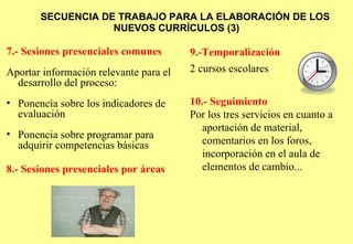 SECUENCIA DE TRABAJO PARA LA ELABORACIÓN DE LOS NUEVOS CURRÍCULOS (3)‏ 7.- Sesiones presenciales comunes Aportar información relevante para el desarrollo del proceso: Ponencia sobre los indicadores de evaluación Ponencia sobre programar para adquirir competencias básicas 8.- Sesiones presenciales por áreas 9.-Temporalización 2 cursos escolares 10.- Seguimiento Por los tres servicios en cuanto a aportación de material, comentarios en los foros, incorporación en el aula de elementos de cambio... 