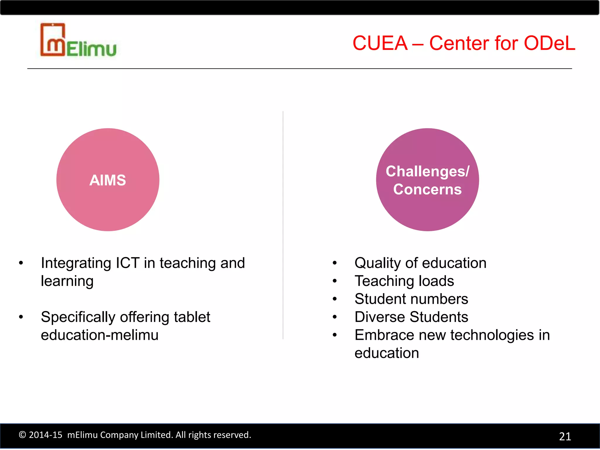 AIMS
• Integrating ICT in teaching and
learning
• Specifically offering tablet
education-melimu
Challenges/
Concerns
• Quality of education
• Teaching loads
• Student numbers
• Diverse Students
• Embrace new technologies in
education
21© 2014-15 mElimu Company Limited. All rights reserved.
CUEA – Center for ODeL
 