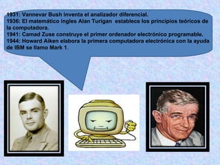 1931: Vannevar Bush inventa el analizador diferencial.
1936: El matemático ingles Alan Turigan establece los principios teóricos de
la computadora.
1941: Camad Zuse construye el primer ordenador electrónico programable.
1944: Howard Aiken elabora la primera computadora electrónica con la ayuda
de IBM se llamo Mark 1.
 