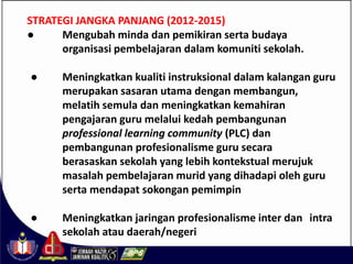 STRATEGI JANGKA PANJANG (2012-2015)
●     Mengubah minda dan pemikiran serta budaya
      organisasi pembelajaran dalam komuniti sekolah.

●     Meningkatkan kualiti instruksional dalam kalangan guru
      merupakan sasaran utama dengan membangun,
      melatih semula dan meningkatkan kemahiran
      pengajaran guru melalui kedah pembangunan
      professional learning community (PLC) dan
      pembangunan profesionalisme guru secara
      berasaskan sekolah yang lebih kontekstual merujuk
      masalah pembelajaran murid yang dihadapi oleh guru
      serta mendapat sokongan pemimpin

●     Meningkatkan jaringan profesionalisme inter dan intra
      sekolah atau daerah/negeri
 