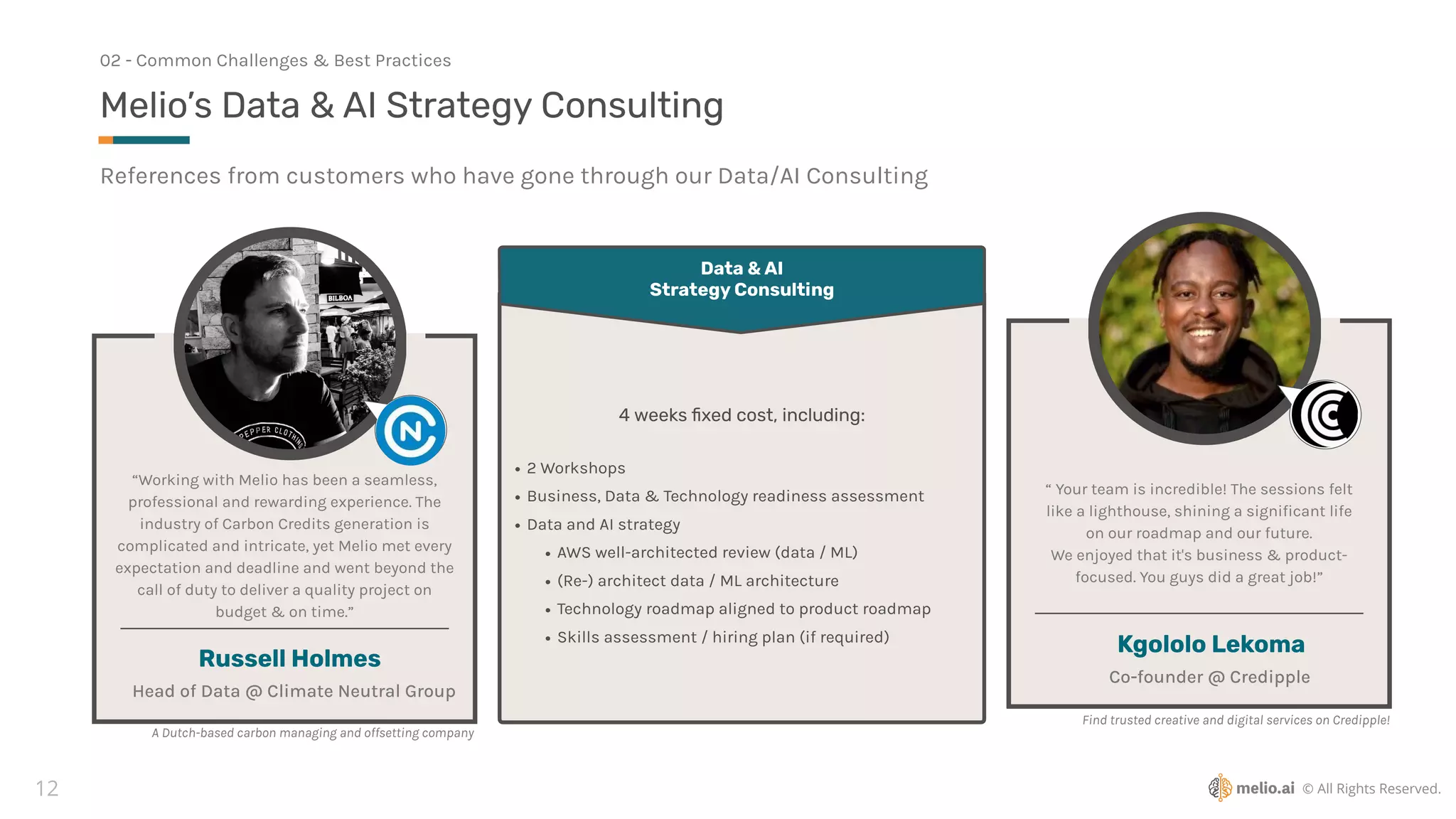 © All Rights Reserved.
12
References from customers who have gone through our Data/AI Consulting
Melio’s Data & AI Strategy Consulting
02 - Common Challenges & Best Practices
4 weeks
fi
xed cost, including:
• 2 Workshops
• Business, Data & Technology readiness assessment
• Data and AI strategy
• AWS well-architected review (data / ML)
• (Re-) architect data / ML architecture
• Technology roadmap aligned to product roadmap
• Skills assessment / hiring plan (if required)
Data & AI
Strategy Consulting
“ Your team is incredible! The sessions felt
like a lighthouse, shining a signi
fi
cant life
on our roadmap and our future.
We enjoyed that it's business & product-
focused. You guys did a great job!”
Kgololo Lekoma
Co-founder @ Credipple
“Working with Melio has been a seamless,
professional and rewarding experience. The
industry of Carbon Credits generation is
complicated and intricate, yet Melio met every
expectation and deadline and went beyond the
call of duty to deliver a quality project on
budget & on time.”
Russell Holmes
Head of Data @ Climate Neutral Group
Find trusted creative and digital services on Credipple!
A Dutch-based carbon managing and offsetting company
 