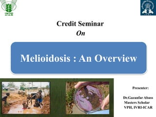 Credit Seminar
On
Presenter:
Dr.Gazanfar Abass
Masters Scholar
VPH, IVRI-ICAR
Melioidosis : An Overview
 