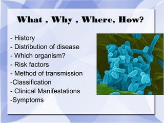 What , Why , Where, How? 
- History 
- Distribution of disease 
- Which organism? 
- Risk factors 
- Method of transmission 
-Classification 
- Clinical Manifestations 
-Symptoms 
 