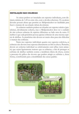 26
PROJETO FRONTEIRA
INSTALAÇÃO DAS COLMEIAS
	 As caixas podem ser instaladas em suportes individuais, com dis-
tância mínima de 1,50 m entre eles, com a devida cobertura. Os cavaletes
deverão possuir altura que permita ao Meliponicultor ter facilidade para
fazer o manejo de sua criação (altura da cintura).
	 As colmeias também podem ser alojadas em suporte coletivo (pra-
teleiras), devidamente coberto, mas o Meliponicultor deve ter o cuidado
de não colocar colmeias de espécies diferentes ao lado uma da outra. O
melhor é que cada prateleira possua apenas colmeias de uma mesma espé-
cie de abelhas. As prateleiras não devem ser muito altas para não dificultar
o manejo das colmeias.
	 Tanto nos suportes individuais quanto nos suportes coletivos, as
colmeias não devem estar expostas diretamente ao Sol ou chuva. Portanto,
devem ser cobertas individual ou coletivamente com telhas (sem amian-
to) que sejam ligeiramente maiores que as colmeias, a fim de proteger as
colônias de abelhas também contra a incidência direta da chuva, contra
a presença de galhos das árvores que podem atingir as colônias e, desta
forma, contribuindo para a durabilidade das caixas-padrão.
Suportes individuais
Suporte coletivo
 