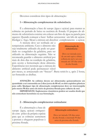 33
MELIPONICULTURA NA AMAZÔNIA
	 Devemos considerar dois tipos de alimentação:
	 1 – Alimentação complementar de subsistência
	 É a alimentação a base de xarope (água e açúcar) para manter as
colmeias no periodo de baixa ou ausência de florada. O preparo do ali-
mento de subsistência consiste em colocar um litro de água na panela para
aquecer. Quando começar a fazer bolhas acrescentar um kilo de açúcar.
Desligar o fogo. Mexer a mistura até dissolver completamente o açúcar.
	 A mistura deve ser resfriada até a
temperatura ambiente. Caso o alimento não
seja totalmente utilizado ele pode ser guar-
dado no congelador da geladeira, para ser
utilizado na alimentação seguinte. Não se
recomenda guardar o alimento artificial por
mais de dois dias na condição de geladeira,
pois ocorre a fermentação deste alimento.
Experiências nos mostram que a mistura do
alimento artificial pode permanecer viável
por meses, se armazenado em “freezer”. Basta retirá-lo e, após 2 horas,
ser fornecido as abelhas.
	 ATENÇÃO: As colônias devem ser alimentadas quinzenalmente em
quantidade a ser consumida em 2 dias (cerca de 80 mL ou dois copinhos plásticos
para café). Qualquer tipo de alimentação complementar deve ser interrompida
pelo menos 90 dias antes do inicio da proxima florada para colheita de mel.
	 IMPORTANTE: Suplementos vitamínicos podem ser usados desde que
não contenham hormônios na sua formulação.
	 2 - Alimentação complementar estimulante
	 É a alimentação a base de
xarope (água, açúcar) enriqueci-
do com pólen da própria espécie
para que as colmeias aumentem
a postura e cheguem populosas à
proxima florada.
Alimentação de
subsistência:
Deve ser iniciada cerca
de um mês após a última
colheita de mel e ser con-
tinuada até 120 dias antes
da alta florada.
Alimentação estimulante:
Deve ser iniciada 120 dias antes
da alta florada e encerrada 90 dias
antes da proxima alta florada.
 