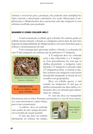 36
PROJETO FRONTEIRA
colônias e reservá-las para a produção, não podendo mais multiplicá-las.
Após encerrar a alimentação estimulante (ver seção Alimentação Com-
plementar), o Meliponicultor deve acrescentar uma alça melgueira às suas
colmeias escolhidas para produção.
	
QUANDO E COMO COLHER MEL?
	 O mel comumente é colhido após a florada. No entanto, pode ser
colhido mesmo durante a florada se a melgueira estiver cheia de mel. Isso
depende da disponibilidade do Meliponicultor e do custo/beneficio para a
colheita e armazenamento do mel.
	 Uma estrategia para aproveitar melhor a florada é a colocação de
uma 2ª alça melgueira nas colmeias que já encheram a 1ª melgueira.
	 A 2ª melgueira deve ser colocada
entre a alça sobreninho e a 1ª melguei-
ra. Esse procedimento faz com que as
abelhas preencham a melgueira vazia.
Quando a 2ª melgueira é colocada sobre
a 1ª melgueira já cheia, é comum as abe-
lhas isolarem esta melgueira vazia recém
introduzida (tampando as frestas do seu
assoalho com geoprópolis).
	 Deve ser colhido apenas o mel
contido nas melgueiras. O mel que as
abelhas armazenam nas alças ninho e so-
breninho deve ser deixado para alimen-
tação da colmeia.
	 O mel não deve ser manipulado
diretamente com as mãos. Portanto, recomenda-se o uso de luvas, másca-
ra e touca descartáveis e jaleco limpo,
para evitar contaminação.
	 A colheita deve ser realizada
com auxílio de uma seringa descartá-
vel ou bomba de sucção portátil.
	 O mel não deve ser colhido
diretamente na colmeia em campo,
Indumentária
para colheita
de mel
Melgueiras com potes de mel
(abertos e fechados)
IMPORTANTE:
Só deve ser colhido mel de
potes fechados.
 