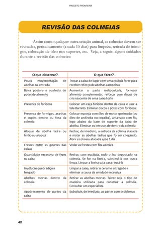42
PROJETO FRONTEIRA
REVISÃO DAS COLMEIAS
	 Assim como qualquer outra criação animal, as colmeias devem ser
revisadas, periodicamente (a cada 15 dias) para limpeza, retirada de inimi-
gos, colocação de óleo nos suportes, etc. Veja, a seguir, alguns cuidados
durante a revisão das colmeias:
 