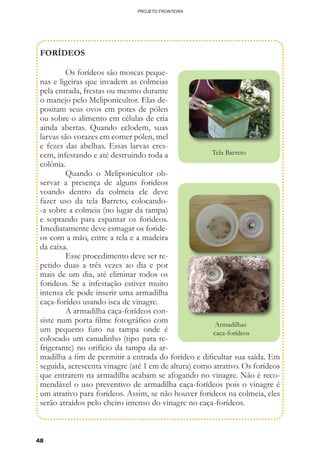 48
PROJETO FRONTEIRA
FORÍDEOS
	 Os forídeos são moscas peque-
nas e ligeiras que invadem as colmeias
pela entrada, frestas ou mesmo durante
o manejo pelo Meliponicultor. Elas de-
positam seus ovos em potes de pólen
ou sobre o alimento em células de cria
ainda abertas. Quando eclodem, suas
larvas são vorazes em comer pólen, mel
e fezes das abelhas. Essas larvas cres-
cem, infestando e até destruindo toda a
colônia.
	 Quando o Meliponicultor ob-
servar a presença de alguns forideos
voando dentro da colmeia ele deve
fazer uso da tela Barreto, colocando-
-a sobre a colmeia (no lugar da tampa)
e soprando para espantar os forideos.
Imediatamente deve esmagar os foride-
os com a mão, entre a tela e a madeira
da caixa.
	 Esse procedimento deve ser re-
petido duas a três vezes ao dia e por
mais de um dia, até eliminar todos os
forideos. Se a infestação estiver muito
intensa ele pode inserir uma armadilha
caça-forídeo usando isca de vinagre.
	 A armadilha caça-forídeos con-
siste num porta filme fotográfico com
um pequeno furo na tampa onde é
colocado um canudinho (tipo para re-
frigerante) no orifício da tampa da ar-
madilha a fim de permitir a entrada do forídeo e dificultar sua saída. Em
seguida, acrescenta vinagre (até 1 cm de altura) como atrativo. Os forídeos
que entrarem na armadilha acabam se afogando no vinagre. Não é reco-
mendável o uso preventivo de armadilha caça-forídeos pois o vinagre é
um atrativo para forídeos. Assim, se não houver forideos na colmeia, eles
serão atraídos pelo cheiro intenso do vinagre no caça-forídeos.
Armadilhas
caça-forídeos
Tela Barreto
 