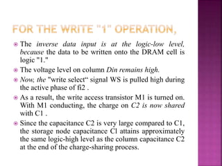  The inverse data input is at the logic-low level,
because the data to be written onto the DRAM cell is
logic "1."
 The voltage level on column Din remains high.
 Now, the "write select“ signal WS is pulled high during
the active phase of fi2 .
 As a result, the write access transistor M1 is turned on.
With M1 conducting, the charge on C2 is now shared
with C1 .
 Since the capacitance C2 is very large compared to C1,
the storage node capacitance Cl attains approximately
the same logic-high level as the column capacitance C2
at the end of the charge-sharing process.
 