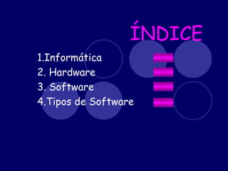 ÍNDICE   1.Informática  2. Hardware 3. Software 4.Tipos de Software  