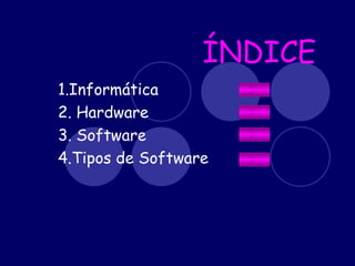 ÍNDICE 1.Informática 2. Hardware 3. Software 4.Tipos de Software