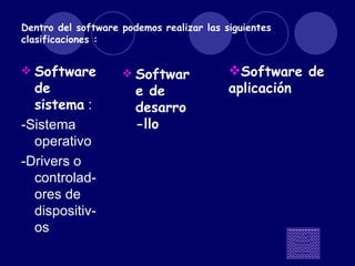 Dentro del software podemos realizar las siguientes clasificaciones : Software de sistema : -Sistema operativo -Drivers o controlad-ores de dispositiv-os Software de desarro-llo Software de aplicación