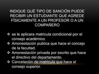 INDIQUE QUÉ TIPO DE SANCIÓN PUEDE 
RECIBIR UN ESTUDIANTE QUE AGREDE 
FÍSICAMENTE A UN PROFESOR O A UN 
COMPAÑERO 
 se le aplicara matricula condicional por el 
consejo académico. 
 Amonestación publica que hace el concejo 
de la facultad. 
 Amonestación privada por escrito que hace 
el directivo del departamento. 
 Cancelación de matricula que hace el 
consejo superior. 
 