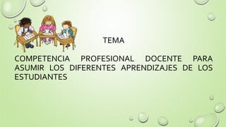 TEMA 
COMPETENCIA PROFESIONAL DOCENTE PARA 
ASUMIR LOS DIFERENTES APRENDIZAJES DE LOS 
ESTUDIANTES 
 