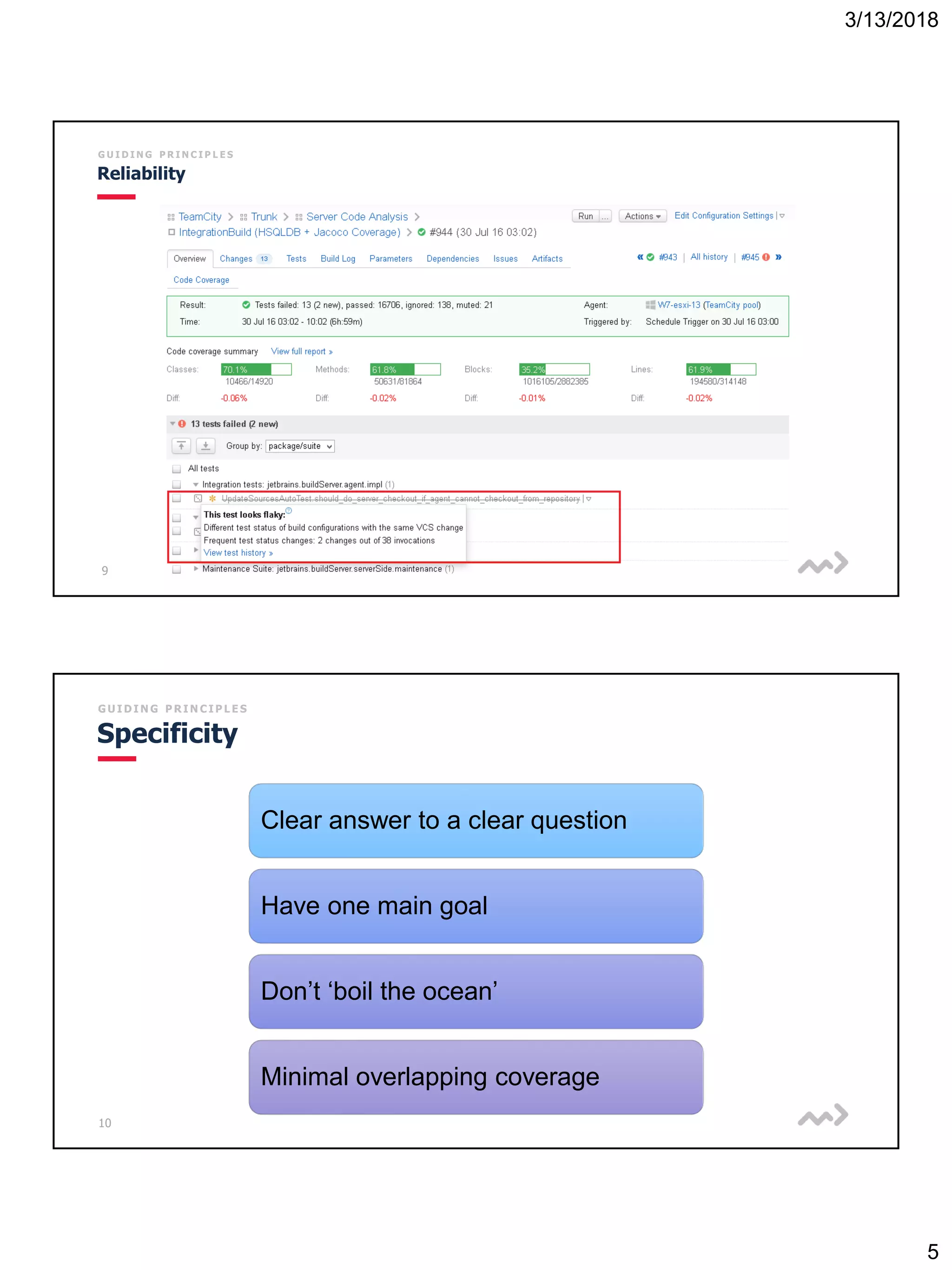 3/13/2018
5
9
G U I D I N G P R I N C I P L E S
Reliability
10
G U I D I N G P R I N C I P L E S
Specificity
Clear answer to a clear question
Have one main goal
Don’t ‘boil the ocean’
Minimal overlapping coverage
 