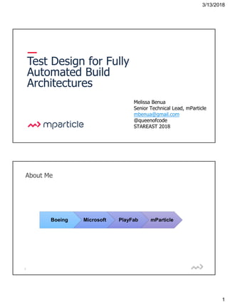 3/13/2018
1
1
Test Design for Fully
Automated Build
Architectures
Melissa Benua
Senior Technical Lead, mParticle
mbenua@gmail.com
@queenofcode
STAREAST 2018
2
About Me
Boeing Microsoft PlayFab mParticle
 
