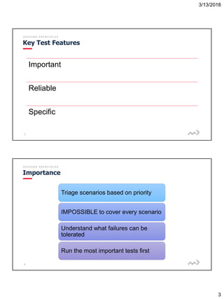 3/13/2018
3
5
G U I D I N G P R I N C I P L E S
Key Test Features
Important
Reliable
Specific
6
G U I D I N G P R I N C I P L E S
Importance
Triage scenarios based on priority
IMPOSSIBLE to cover every scenario
Understand what failures can be
tolerated
Run the most important tests first
 
