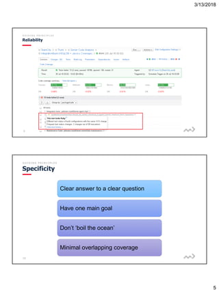 3/13/2018
5
9
G U I D I N G P R I N C I P L E S
Reliability
10
G U I D I N G P R I N C I P L E S
Specificity
Clear answer to a clear question
Have one main goal
Don’t ‘boil the ocean’
Minimal overlapping coverage
 
