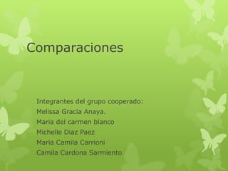 Comparaciones 
Integrantes del grupo cooperado: 
Melissa Gracia Anaya. 
Maria del carmen blanco 
Michelle Diaz Paez 
Maria Camila Carrioni 
Camila Cardona Sarmiento 
 