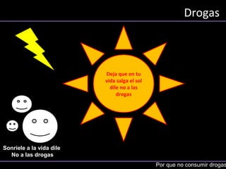 Drogas
Por que no consumir drogas
Deja que en tu
vida salga el sol
dile no a las
drogas
Sonríele a la vida dile
No a las drogas
 