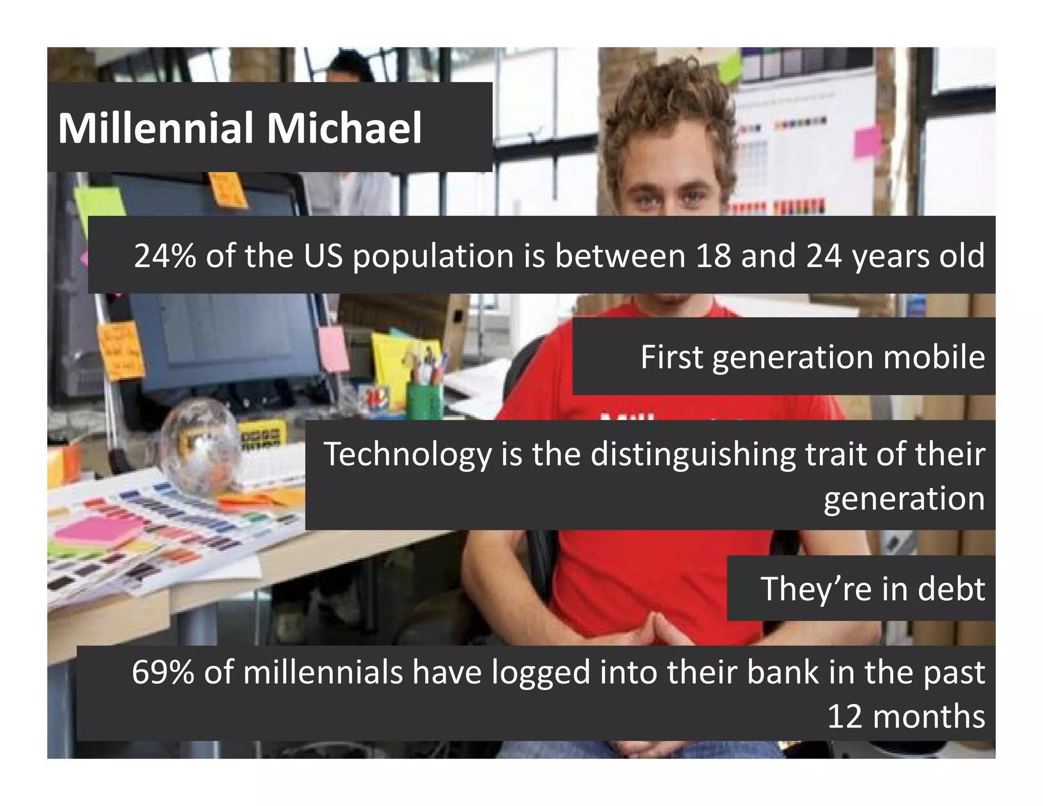 First generation mobile 
Technology is the distinguishing trait of their 
generation 
They’re in debt 
69% of millennials have logged into their bank in the past 
12 months 
Millennial Michael 
24% of the US population is between 18 and 24 years old 
 