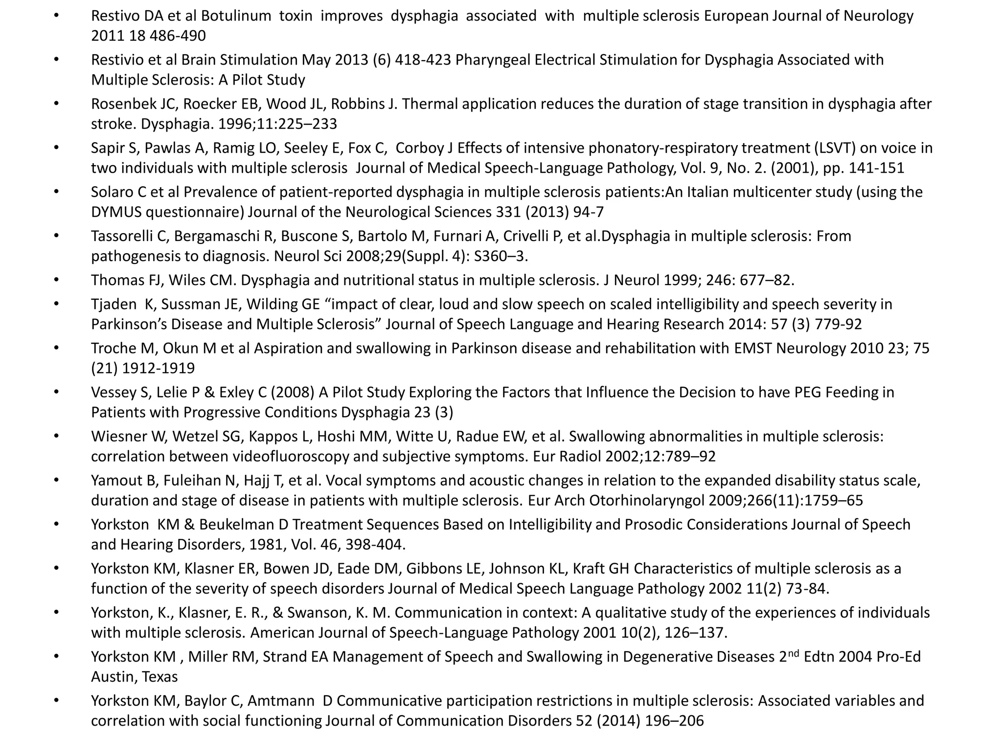 • Restivo DA et al Botulinum toxin improves dysphagia associated with multiple sclerosis European Journal of Neurology
2011 18 486-490
• Restivio et al Brain Stimulation May 2013 (6) 418-423 Pharyngeal Electrical Stimulation for Dysphagia Associated with
Multiple Sclerosis: A Pilot Study
• Rosenbek JC, Roecker EB, Wood JL, Robbins J. Thermal application reduces the duration of stage transition in dysphagia after
stroke. Dysphagia. 1996;11:225–233
• Sapir S, Pawlas A, Ramig LO, Seeley E, Fox C, Corboy J Effects of intensive phonatory-respiratory treatment (LSVT) on voice in
two individuals with multiple sclerosis Journal of Medical Speech-Language Pathology, Vol. 9, No. 2. (2001), pp. 141-151
• Solaro C et al Prevalence of patient-reported dysphagia in multiple sclerosis patients:An Italian multicenter study (using the
DYMUS questionnaire) Journal of the Neurological Sciences 331 (2013) 94-7
• Tassorelli C, Bergamaschi R, Buscone S, Bartolo M, Furnari A, Crivelli P, et al.Dysphagia in multiple sclerosis: From
pathogenesis to diagnosis. Neurol Sci 2008;29(Suppl. 4): S360–3.
• Thomas FJ, Wiles CM. Dysphagia and nutritional status in multiple sclerosis. J Neurol 1999; 246: 677–82.
• Tjaden K, Sussman JE, Wilding GE “impact of clear, loud and slow speech on scaled intelligibility and speech severity in
Parkinson’s Disease and Multiple Sclerosis” Journal of Speech Language and Hearing Research 2014: 57 (3) 779-92
• Troche M, Okun M et al Aspiration and swallowing in Parkinson disease and rehabilitation with EMST Neurology 2010 23; 75
(21) 1912-1919
• Vessey S, Lelie P & Exley C (2008) A Pilot Study Exploring the Factors that Influence the Decision to have PEG Feeding in
Patients with Progressive Conditions Dysphagia 23 (3)
• Wiesner W, Wetzel SG, Kappos L, Hoshi MM, Witte U, Radue EW, et al. Swallowing abnormalities in multiple sclerosis:
correlation between videofluoroscopy and subjective symptoms. Eur Radiol 2002;12:789–92
• Yamout B, Fuleihan N, Hajj T, et al. Vocal symptoms and acoustic changes in relation to the expanded disability status scale,
duration and stage of disease in patients with multiple sclerosis. Eur Arch Otorhinolaryngol 2009;266(11):1759–65
• Yorkston KM & Beukelman D Treatment Sequences Based on Intelligibility and Prosodic Considerations Journal of Speech
and Hearing Disorders, 1981, Vol. 46, 398-404.
• Yorkston KM, Klasner ER, Bowen JD, Eade DM, Gibbons LE, Johnson KL, Kraft GH Characteristics of multiple sclerosis as a
function of the severity of speech disorders Journal of Medical Speech Language Pathology 2002 11(2) 73-84.
• Yorkston, K., Klasner, E. R., & Swanson, K. M. Communication in context: A qualitative study of the experiences of individuals
with multiple sclerosis. American Journal of Speech-Language Pathology 2001 10(2), 126–137.
• Yorkston KM , Miller RM, Strand EA Management of Speech and Swallowing in Degenerative Diseases 2nd Edtn 2004 Pro-Ed
Austin, Texas
• Yorkston KM, Baylor C, Amtmann D Communicative participation restrictions in multiple sclerosis: Associated variables and
correlation with social functioning Journal of Communication Disorders 52 (2014) 196–206
 