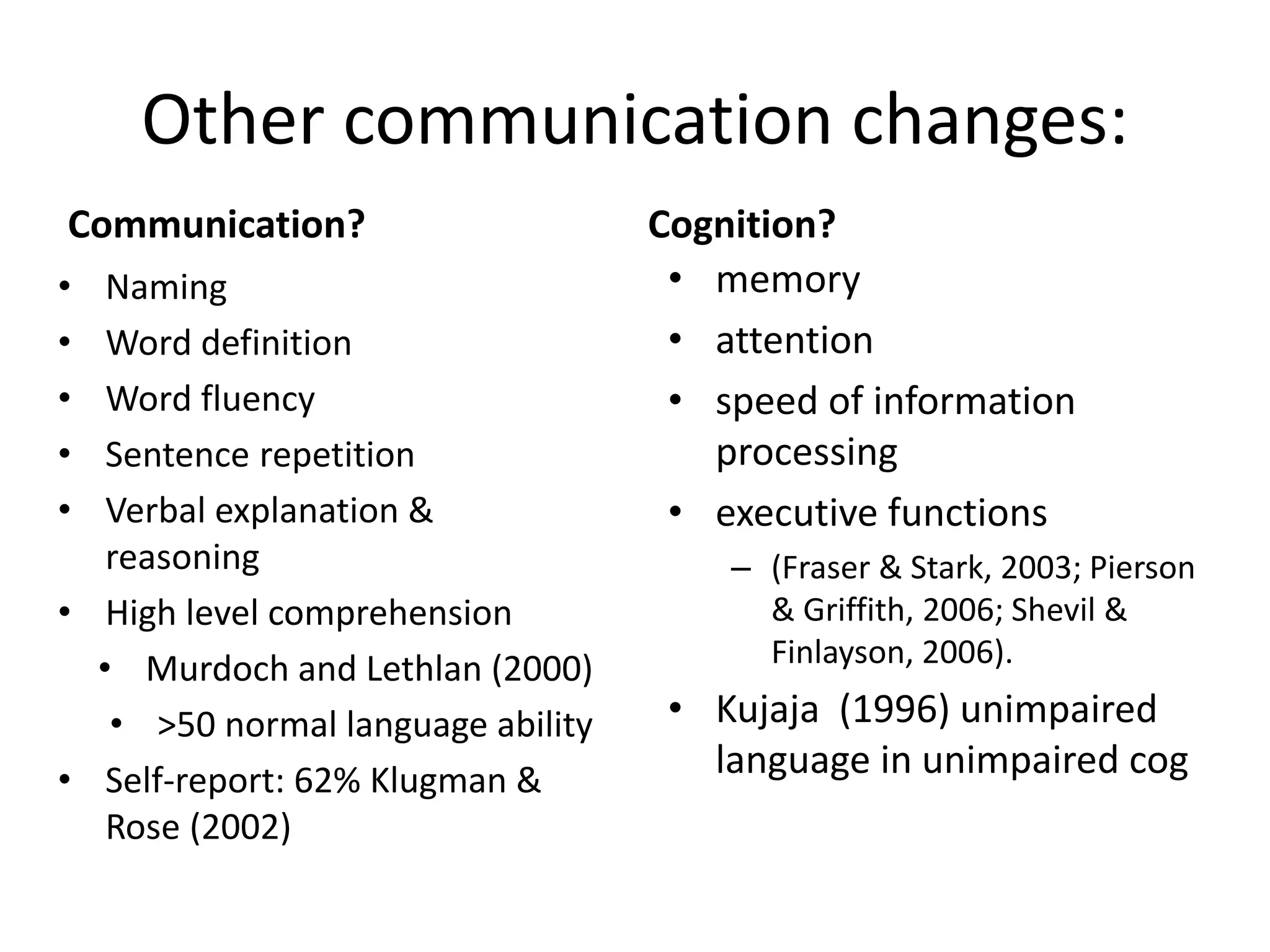 Other communication changes:
Communication?
• Naming
• Word definition
• Word fluency
• Sentence repetition
• Verbal explanation &
reasoning
• High level comprehension
• Murdoch and Lethlan (2000)
• >50 normal language ability
• Self-report: 62% Klugman &
Rose (2002)
Cognition?
• memory
• attention
• speed of information
processing
• executive functions
– (Fraser & Stark, 2003; Pierson
& Griffith, 2006; Shevil &
Finlayson, 2006).
• Kujaja (1996) unimpaired
language in unimpaired cog
 