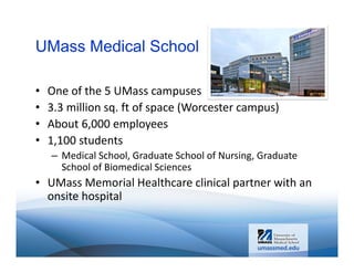 UMass Medical School
•
•
•
•

One of the 5 UMass campuses 
3.3 million sq. ft of space (Worcester campus)
About 6,000 empl...