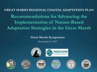 Recommendations for Advancing the
Implementation of Nature-Based
Adaptation Strategies in the Great Marsh
GREAT MARSH REGIONAL COASTAL ADAPTATION PLAN
Great Marsh Symposium
November 9, 2017
 