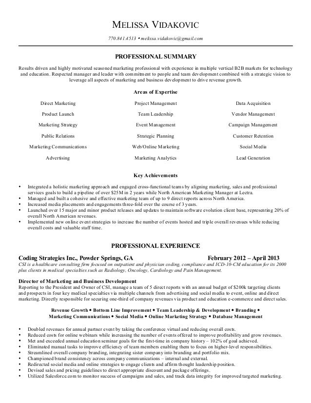 melissa vidakovic resume creative and seasoned marketing profession direct marketing resumes