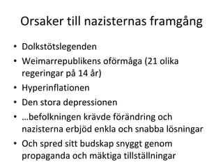 Orsaker till nazisternas framgång Dolkstötslegenden Weimarrepublikens oförmåga (21 olika regeringar på 14 år) Hyperinflationen Den stora depressionen … befolkningen krävde förändring och nazisterna erbjöd enkla och snabba lösningar Och spred sitt budskap snyggt genom propaganda och mäktiga tillställningar 